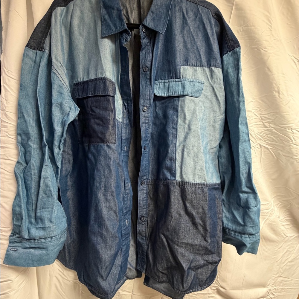 a.n.a Woman’s Multi-Blue chambray Patchwork Denim button down shirt. Boho